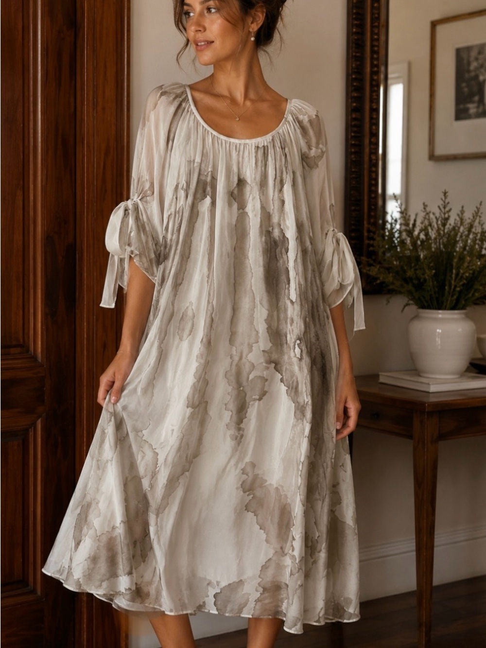 Flowy Watercolor Midi Dress in Soft Taupe and Cream
